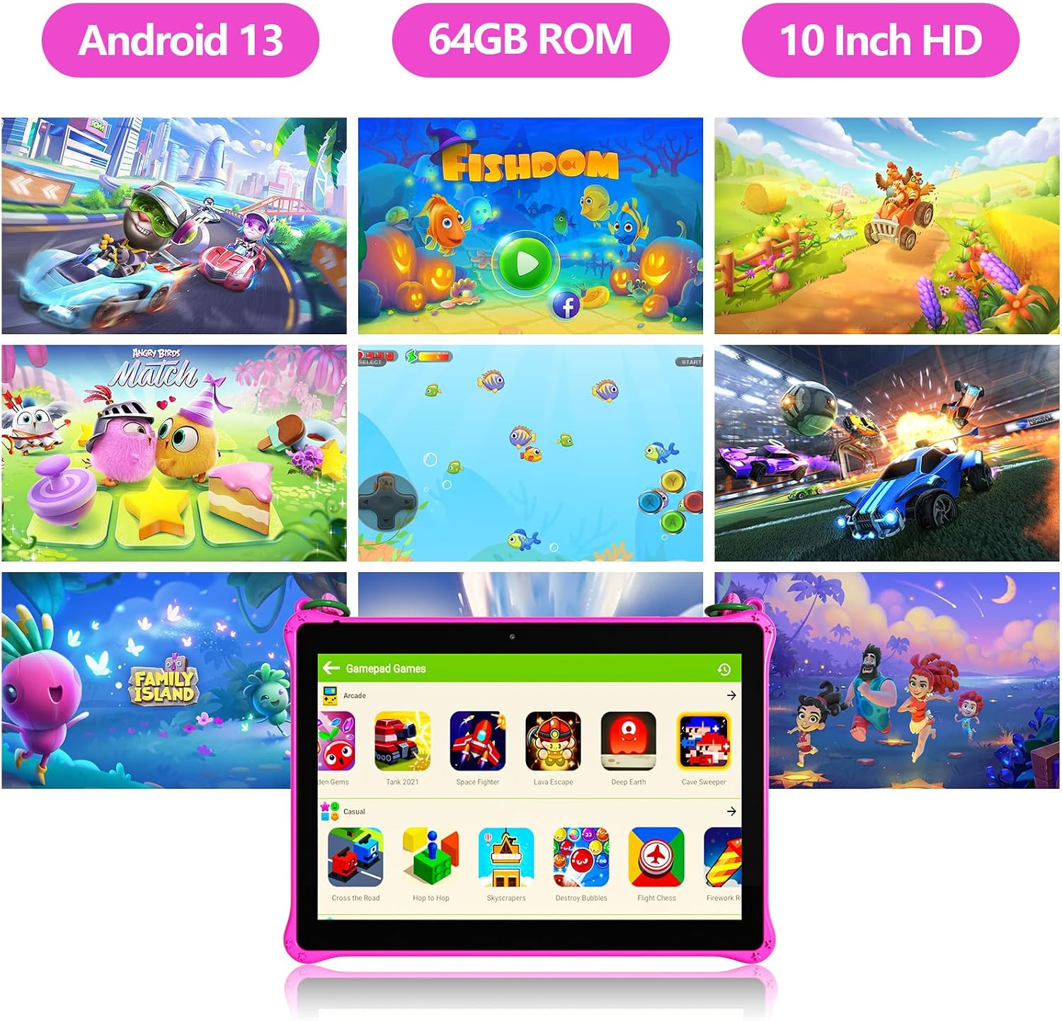 PRITOM 10 inch Kids Tablets Android, 64GB, Tablet with Lanyard, Parental Control, HD IPS Display, WiFi, Dual Camera, Toddler Tablet for Kids, Pink