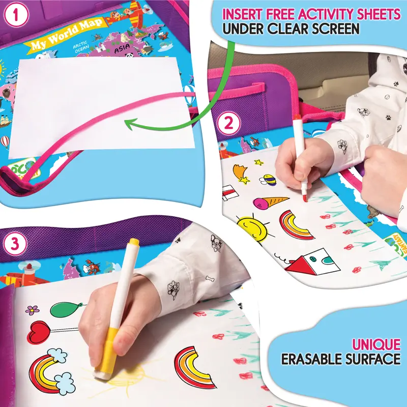 ECOFANTASY Kids Travel Tray - Waterproof Carseat Table Top - Car Seat Tray for Toddler - Travel and Road Trip Essentials Kids - Lap Desk with Storage - Best Toddler Christmas Gift - Black Friday Cyber Monday