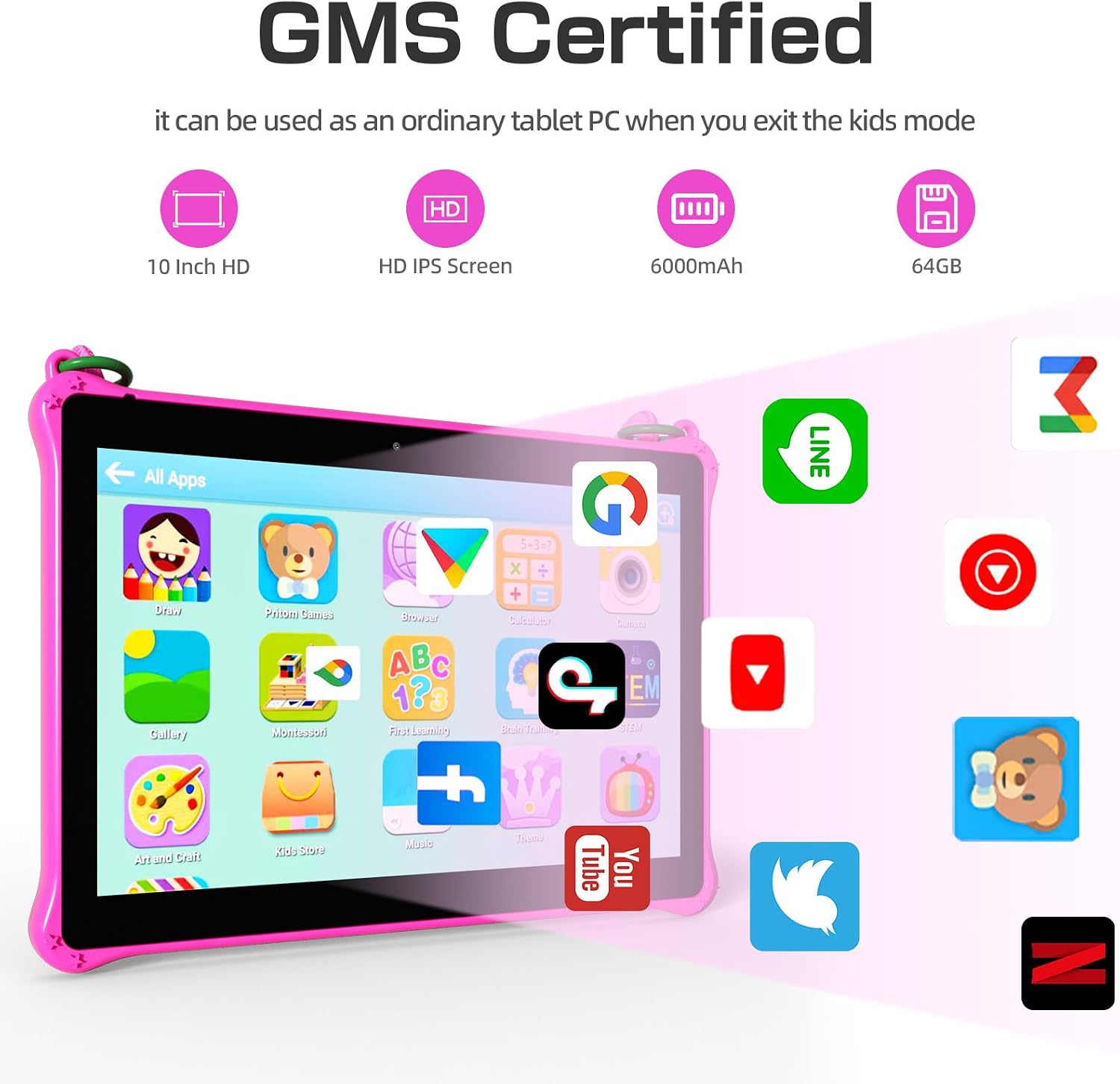 PRITOM 10 inch Kids Tablets Android, 64GB, Tablet with Lanyard, Parental Control, HD IPS Display, WiFi, Dual Camera, Toddler Tablet for Kids, Pink