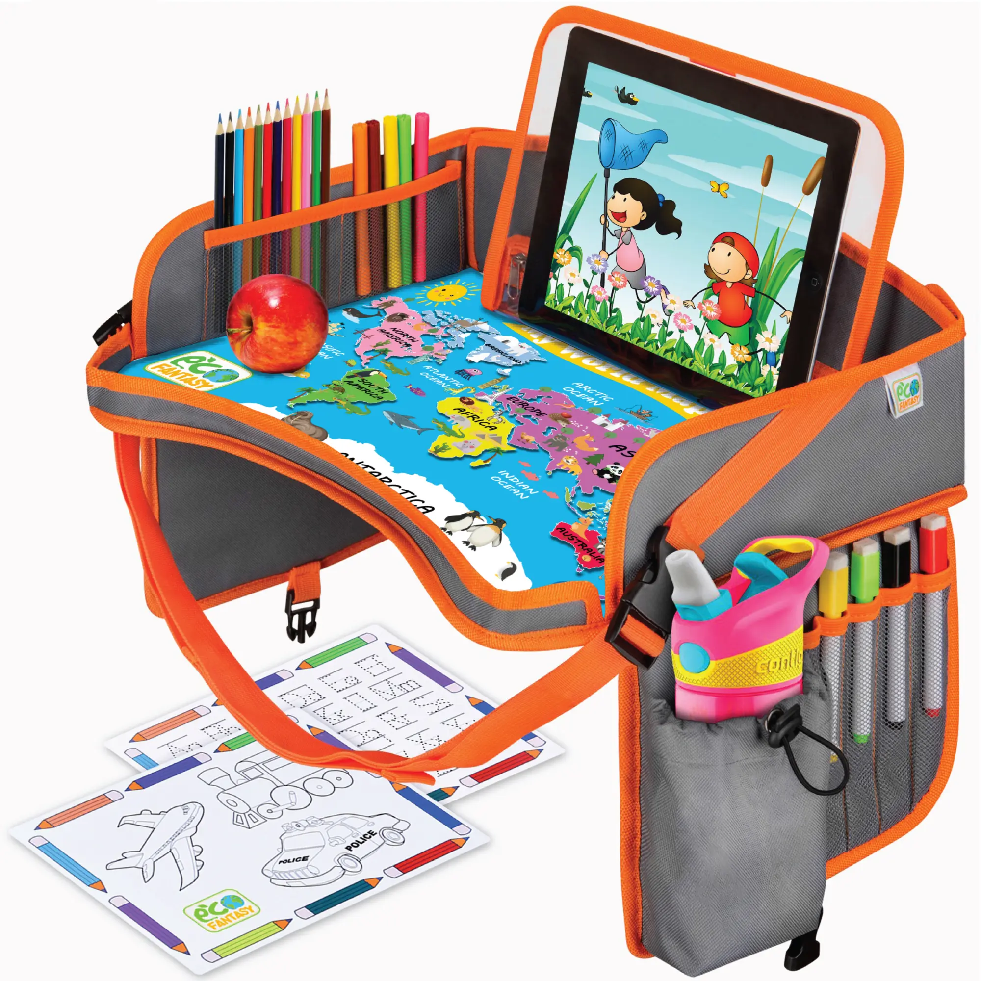 ECOFANTASY Kids Travel Tray - Waterproof Carseat Table Top - Car Seat Tray for Toddler - Travel and Road Trip Essentials Kids - Lap Desk with Storage - Best Toddler Christmas Gift - Black Friday Cyber Monday