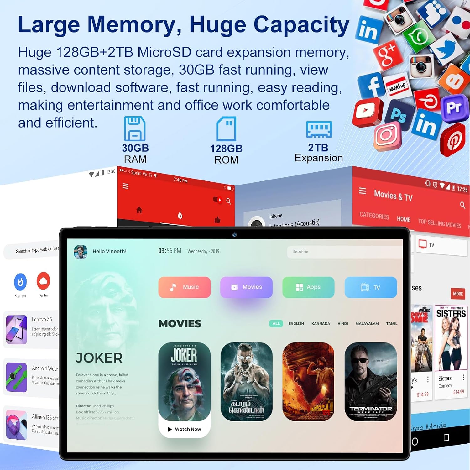 Android 15 Tablet 30GB RAM 128GB ROM 2TB Expand, 10.1 Inch Tablets with Keyboard Mouse, Octa-Core, 8000mAh, HD IPS Display, 5G WiFi BT 5.0 GPS, Widevine L1, Gemini AI, Dual Camera 