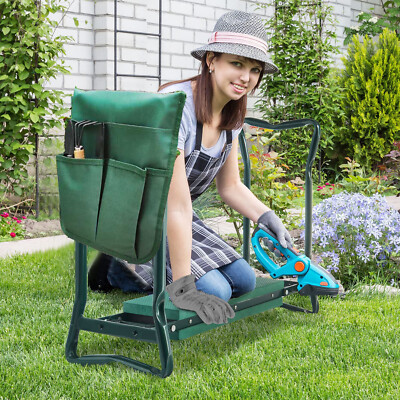 Woman gardening comfortably with kneeler seat