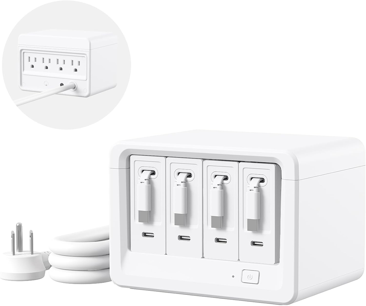 10-in-1 Desktop Charging Station with 2 Retractable Wall Chargers, 40W USB-C Power Strip with 6 AC, 2 USB C, 2 Type-C 33.5in Cables, Extension Cord with 1020J Surge Protection for Home Office