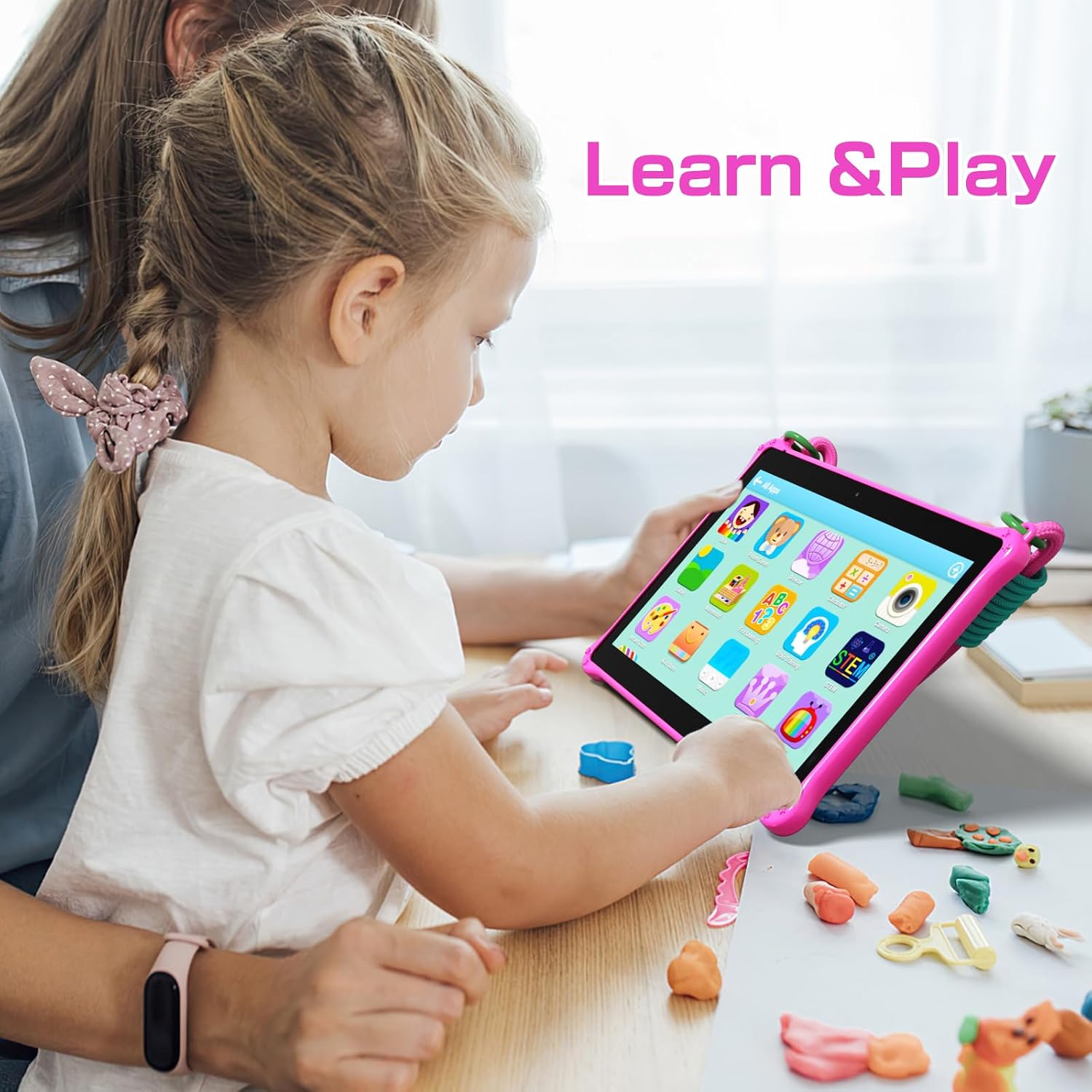 PRITOM 10 inch Kids Tablets Android, 64GB, Tablet with Lanyard, Parental Control, HD IPS Display, WiFi, Dual Camera, Toddler Tablet for Kids, Pink