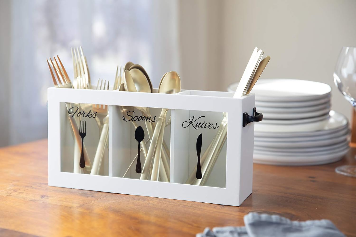 Farmhouse Rustic Wooden Cutlery Caddy with Sturdy Metal Handles 🍴✨
