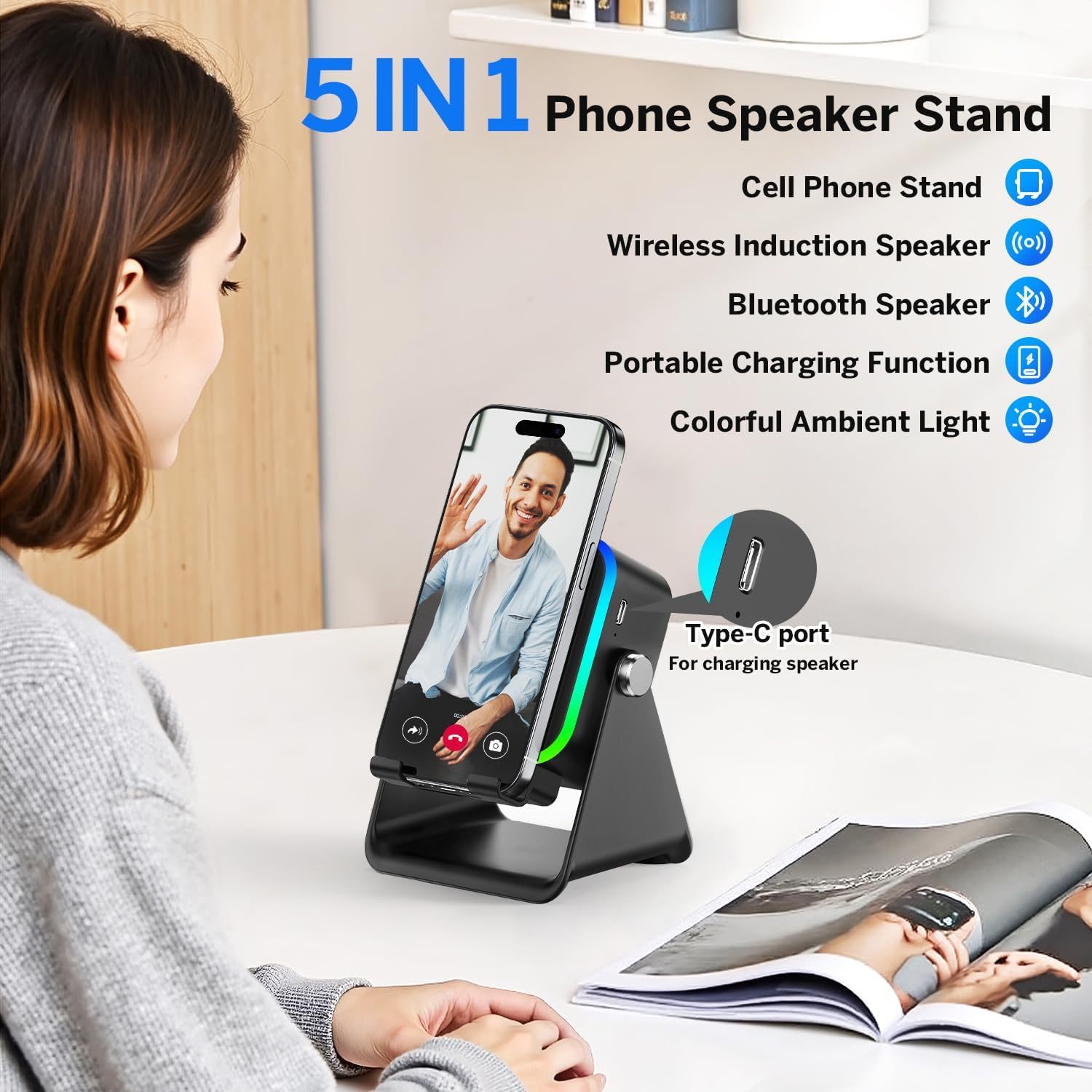 🎉Last Day 50% OFF⏰️Wireless Induction Speaker 5-in-1 Bluetooth Speaker with Phone Stand