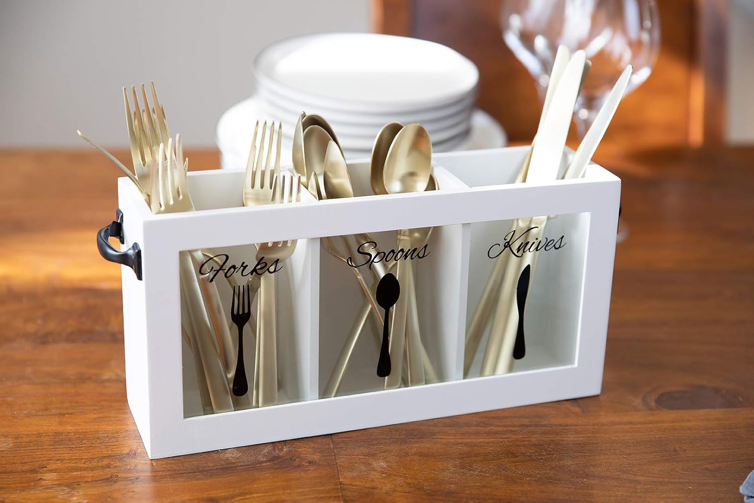Farmhouse Rustic Wooden Cutlery Caddy with Sturdy Metal Handles 🍴✨