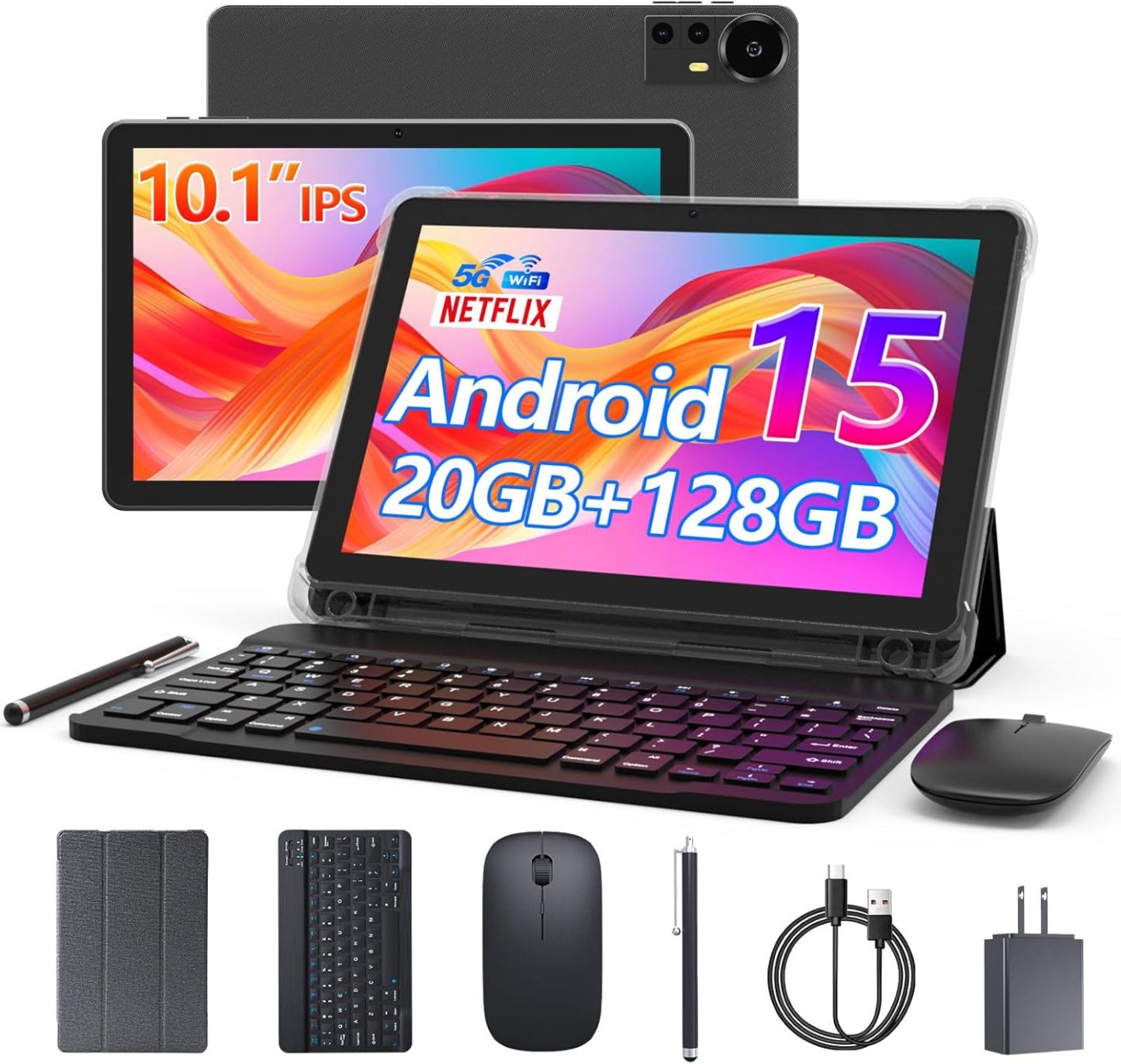 🎉Grand Opening – 50% Off!⏰️ Android 15 Tablet 10 Inch, 20GB RAM+128GB ROM/ 2TB Expandable, 2.0GHz Quad-core Processor, 1280*800 HD Screen, 5G WiFi6 BT 5.0, 2 in 1 Tablets with Keyboard Case Mouse Stylus, Widevine L1 Blue