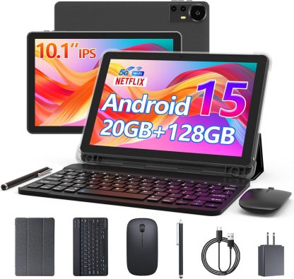 🎉Grand Opening – 50% Off!⏰️ Android 15 Tablet 10 Inch, 20GB RAM+128GB ROM/ 2TB Expandable, 2.0GHz Quad-core Processor, 1280*800 HD Screen, 5G WiFi6 BT 5.0, 2 in 1 Tablets with Keyboard Case Mouse Stylus, Widevine L1 Blue