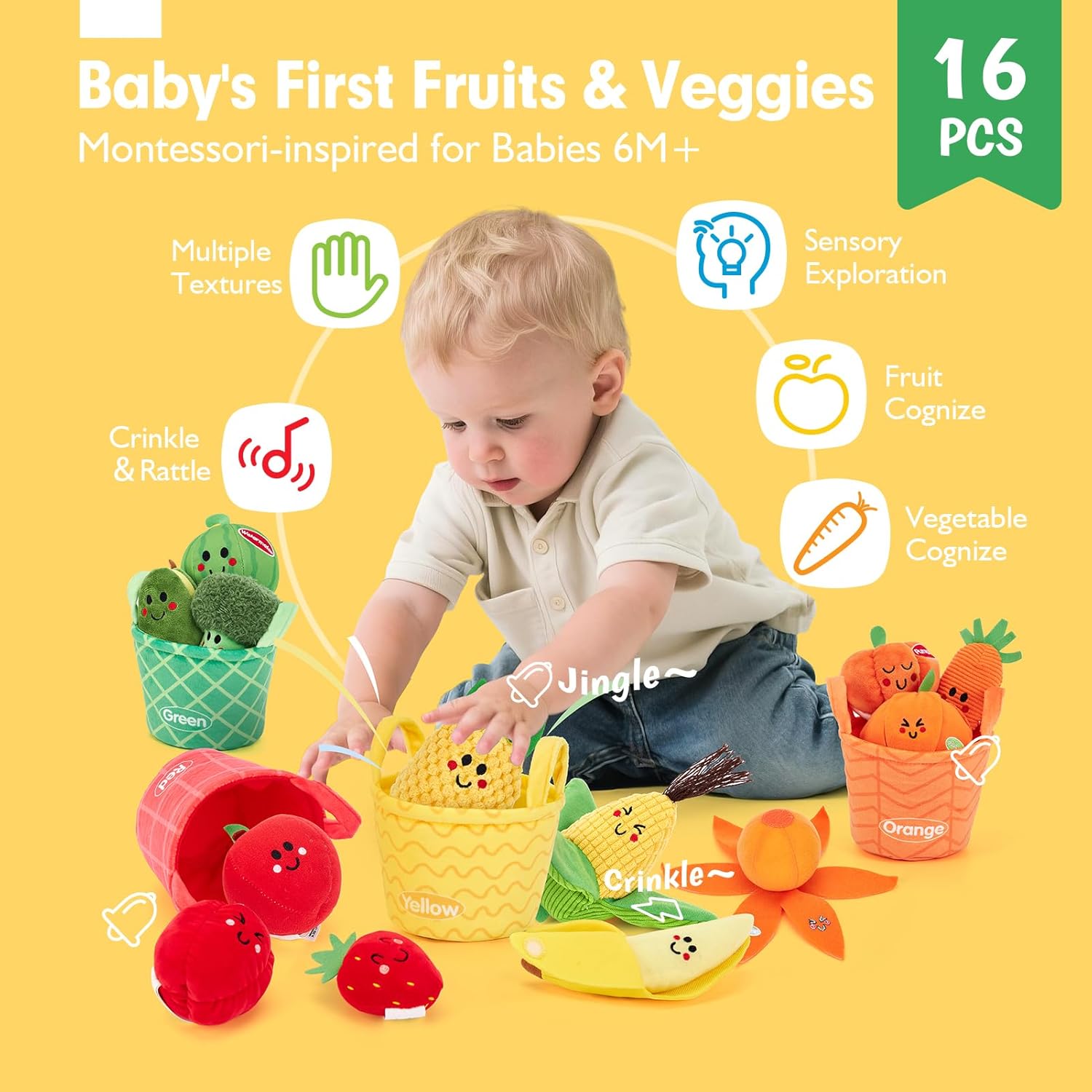 🥦 My First Sensory Fruits & Veggies - Montessori Plush Toy Set 🍓