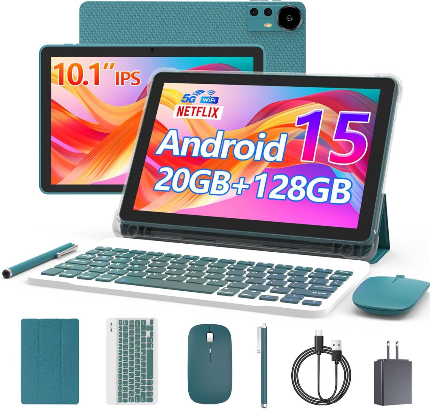 Android 15 Tablet 10 Inch, 20GB RAM+128GB ROM/ 2TB Expandable, 2.0GHz Quad-core Processor, 1280*800 HD Screen, 5G WiFi6 BT 5.0, 2 in 1 Tablets with Keyboard Case Mouse Stylus, Widevine L1 Blue