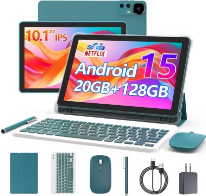 🎉Grand Opening – 50% Off!⏰️ Android 15 Tablet 10 Inch, 20GB RAM+128GB ROM/ 2TB Expandable, 2.0GHz Quad-core Processor, 1280*800 HD Screen, 5G WiFi6 BT 5.0, 2 in 1 Tablets with Keyboard Case Mouse Stylus, Widevine L1 Blue