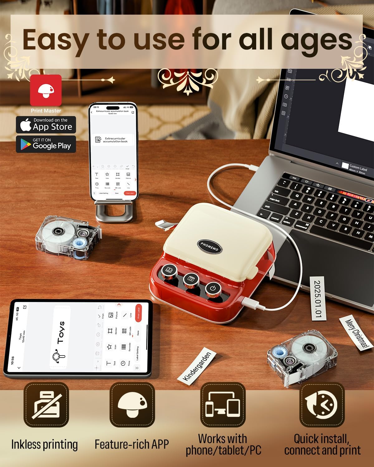 Retro Mini Bluetooth Ribbon Label Printer - Portable Inkless Maker for Gift Wrapping & DIY Crafts