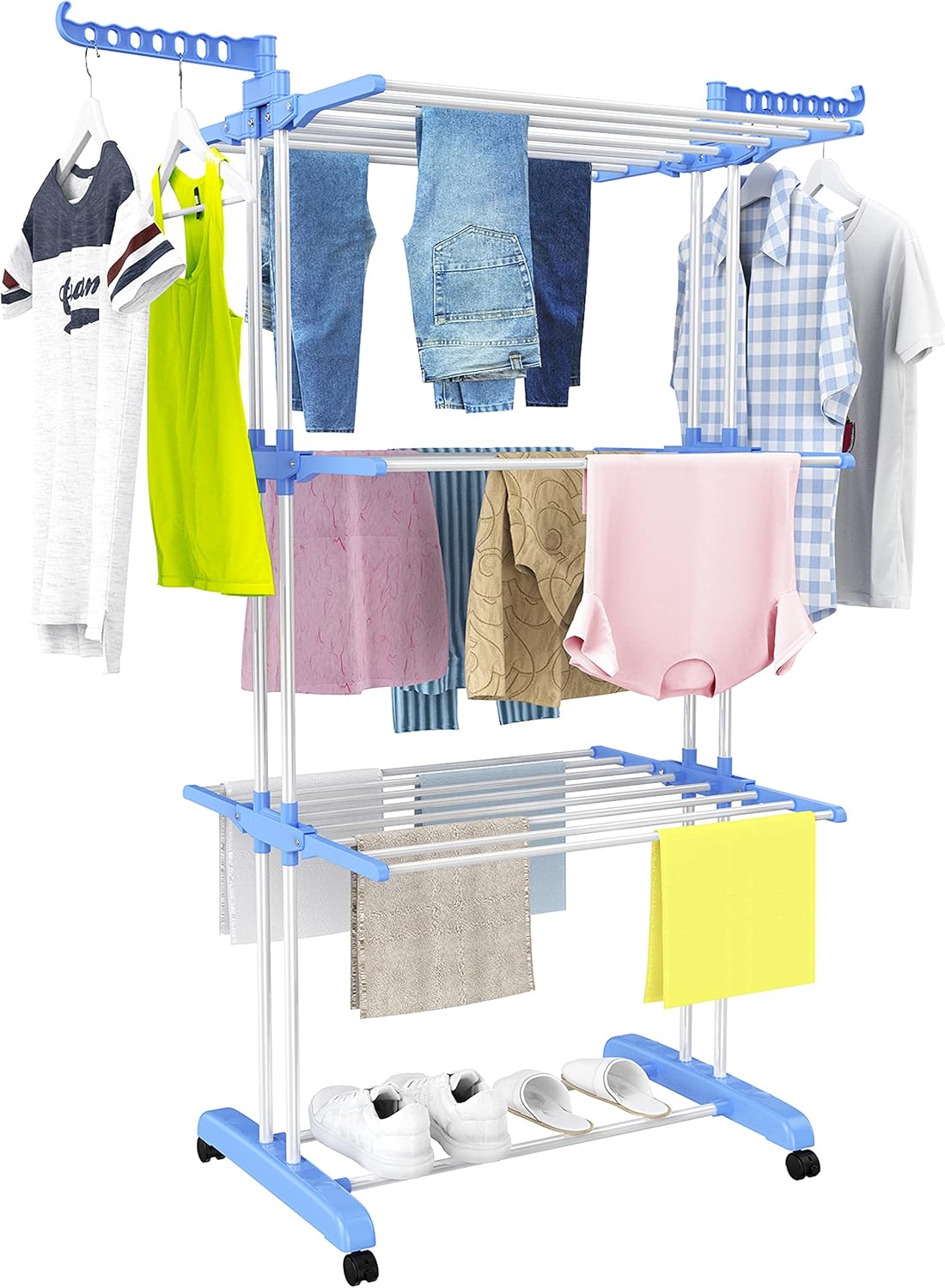 4-Tier GRS Certified Recycled Foldable Clothes Drying Rack with Mobile Wheels