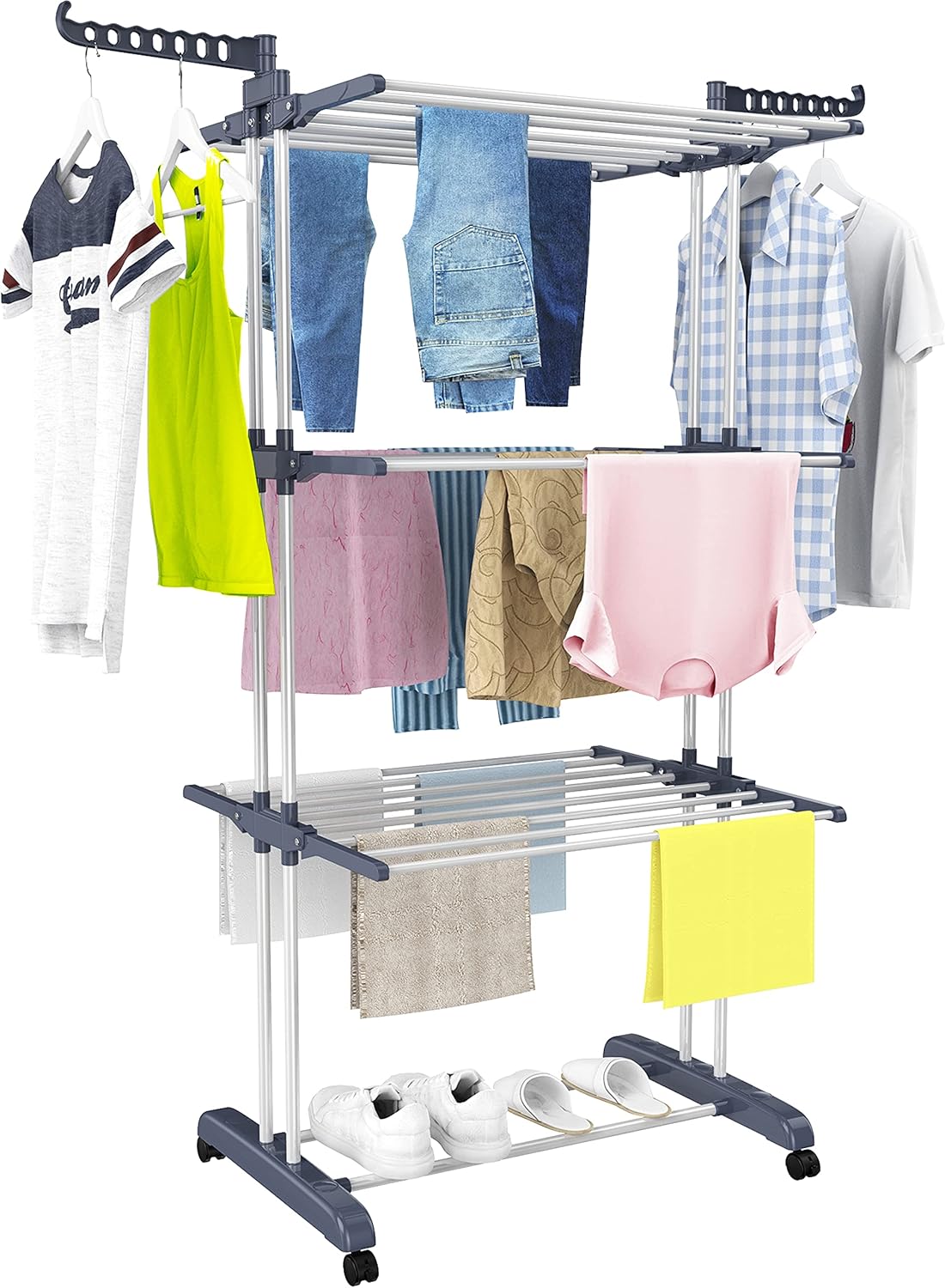 4-Tier GRS Certified Recycled Foldable Clothes Drying Rack with Mobile Wheels