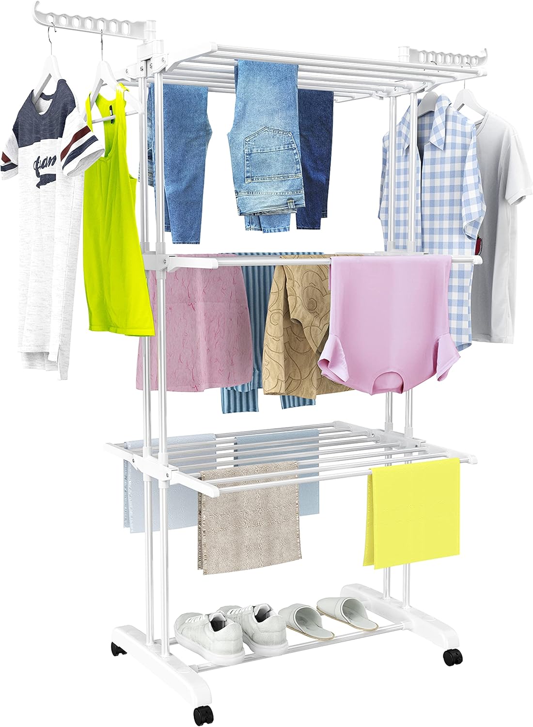 4-Tier GRS Certified Recycled Foldable Clothes Drying Rack with Mobile Wheels