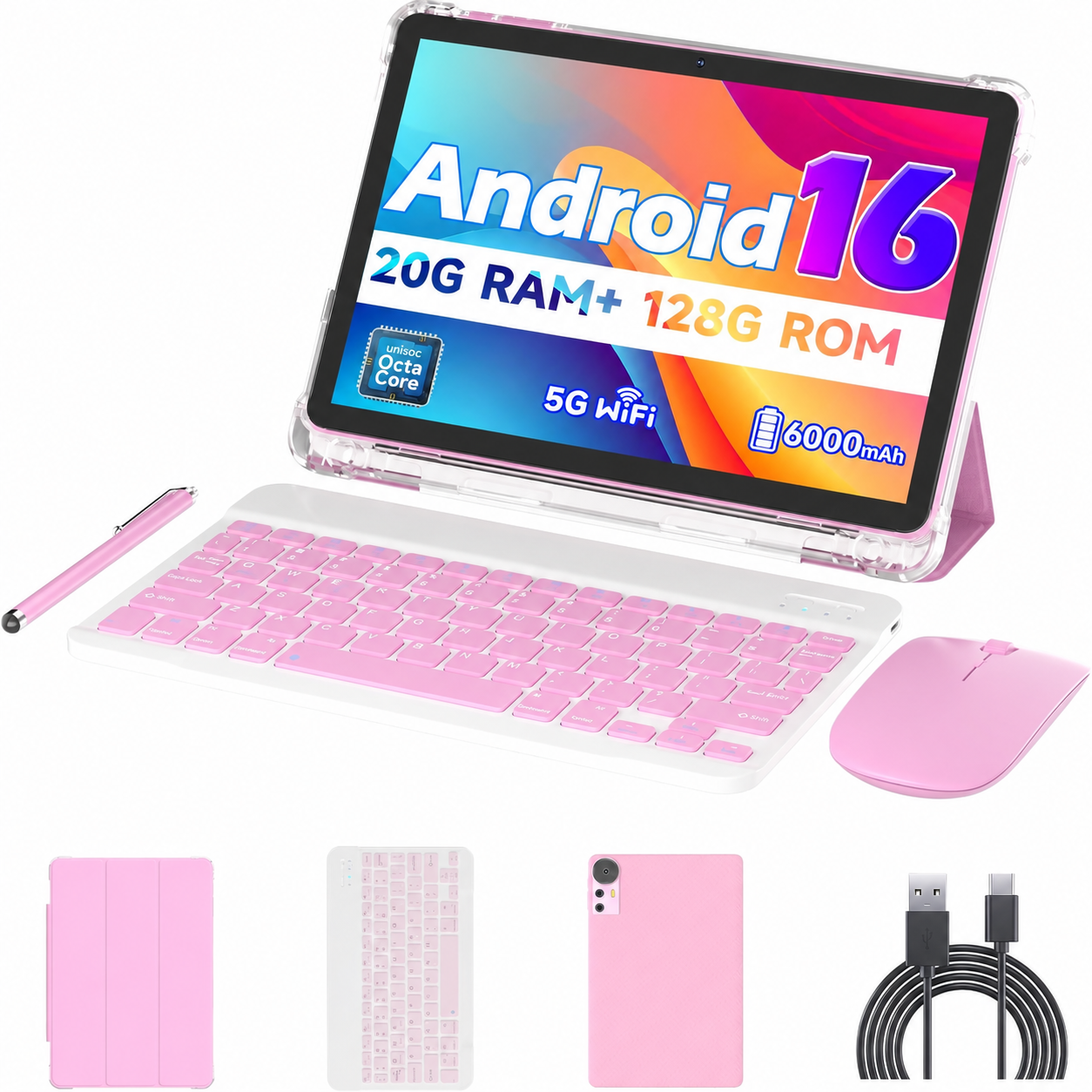 Android 16 Tablet 10 inch Tablets, 20GB RAM 128GB ROM 2TB Expandable, 2.0GHz Octa-core Processor, 2 in 1 Tablet with Keyboard Case Stylus Mouse, 5G WiFi6, BT 5.0, 6000mAh, Widevine L1, GMS, Black