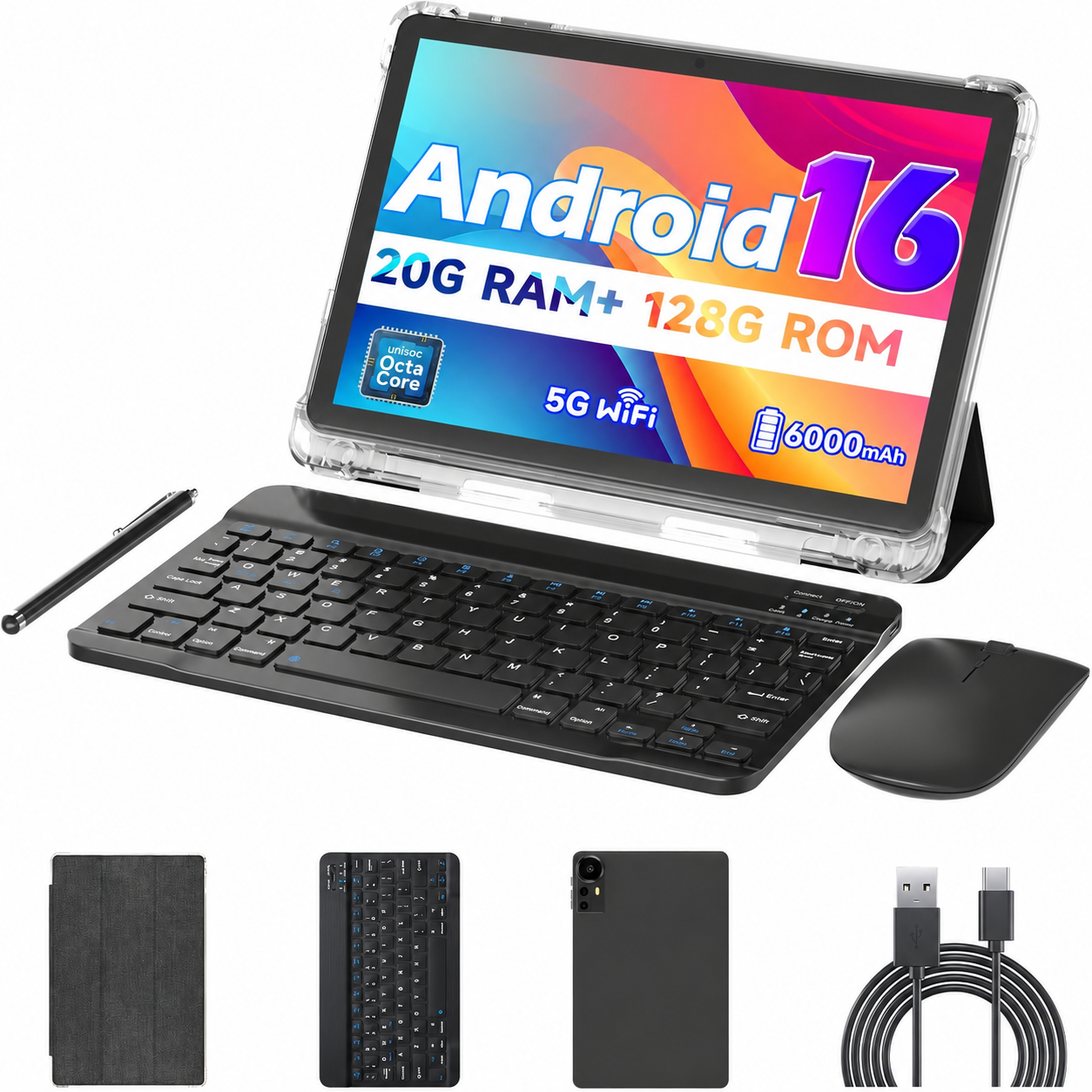 Android 16 Tablet 10 inch Tablets, 20GB RAM 128GB ROM 2TB Expandable, 2.0GHz Octa-core Processor, 2 in 1 Tablet with Keyboard Case Stylus Mouse, 5G WiFi6, BT 5.0, 6000mAh, Widevine L1, GMS, Black