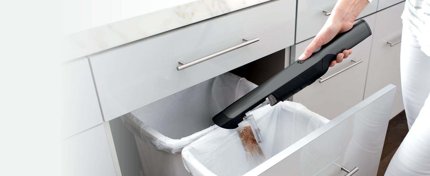 one touch dust cup disposal into garbage can