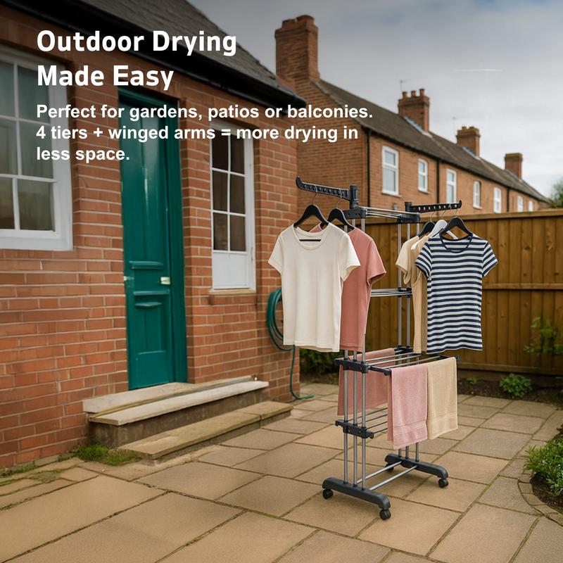 4-Tier GRS Certified Recycled Foldable Clothes Drying Rack with Mobile Wheels