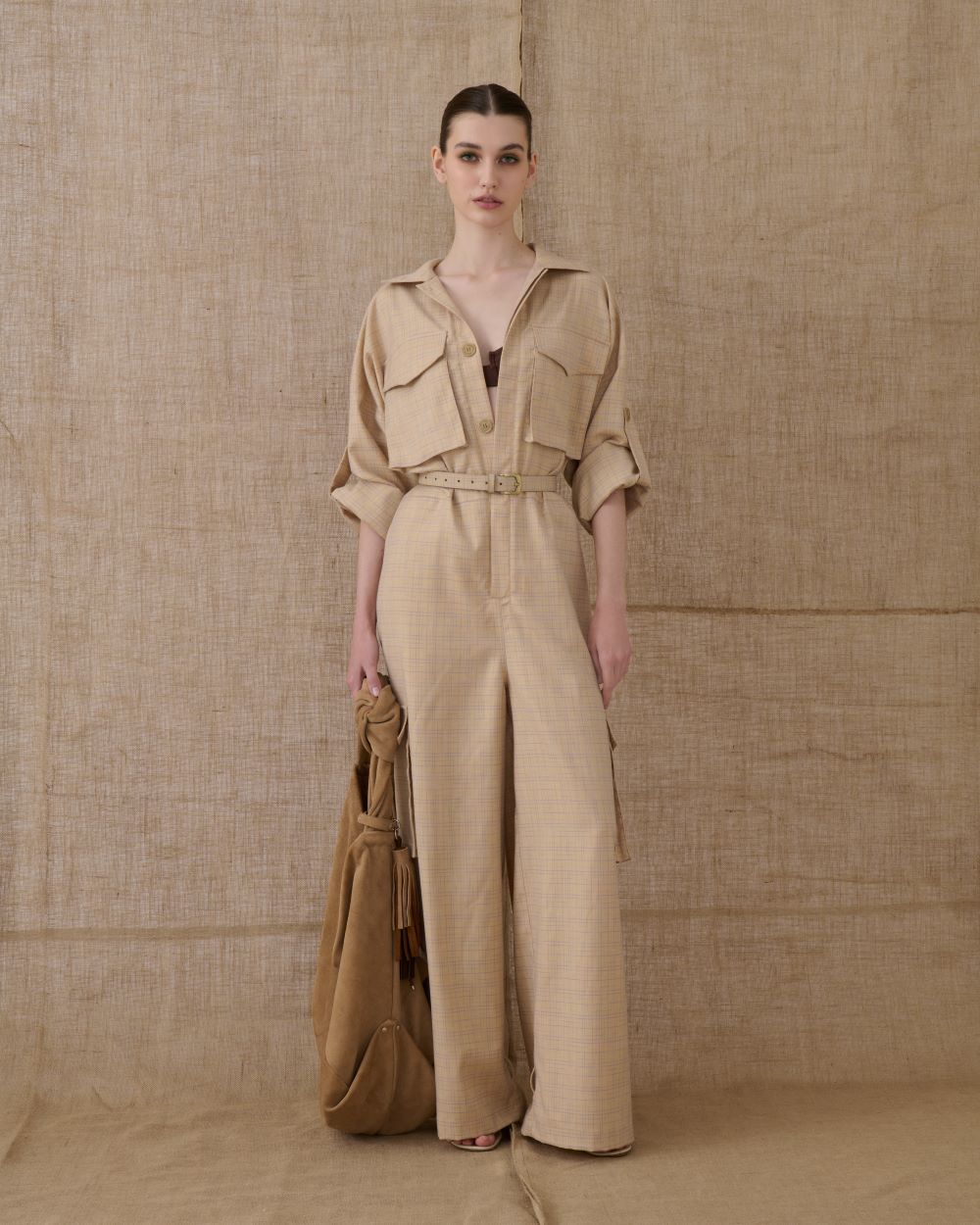 BEIGE CHEQUERED JUMPSUIT