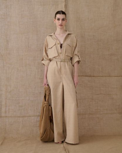 BEIGE CHEQUERED JUMPSUIT