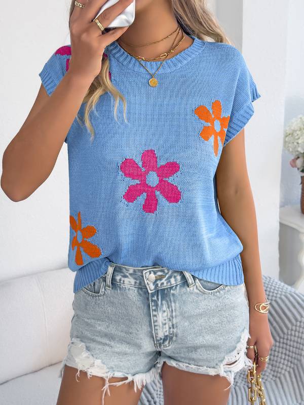 Floral Knit Sleeveless Top & Denim Shorts Spring–Summer Set