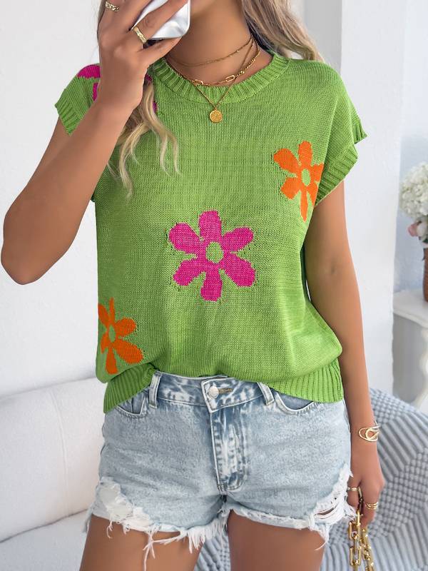 Floral Knit Sleeveless Top & Denim Shorts Spring–Summer Set