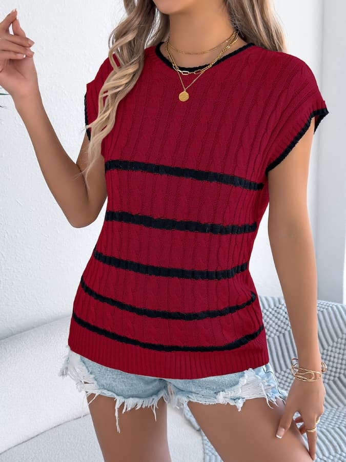 Striped Knit Sleeveless Top & Denim Shorts Spring–Summer Set