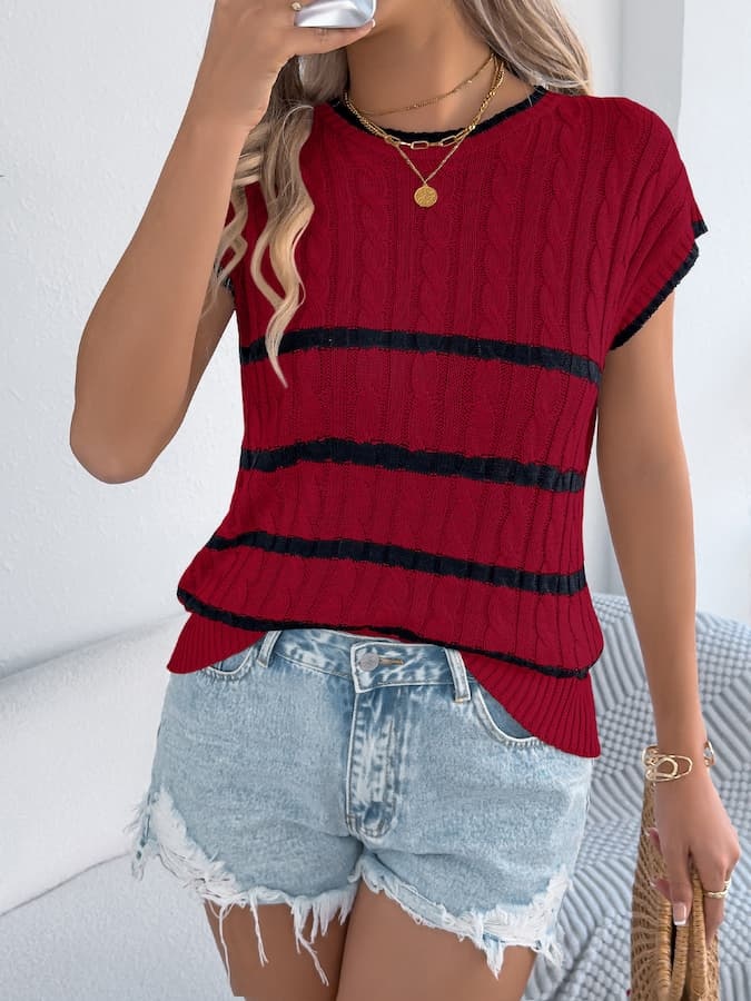 Striped Knit Sleeveless Top & Denim Shorts Spring–Summer Set