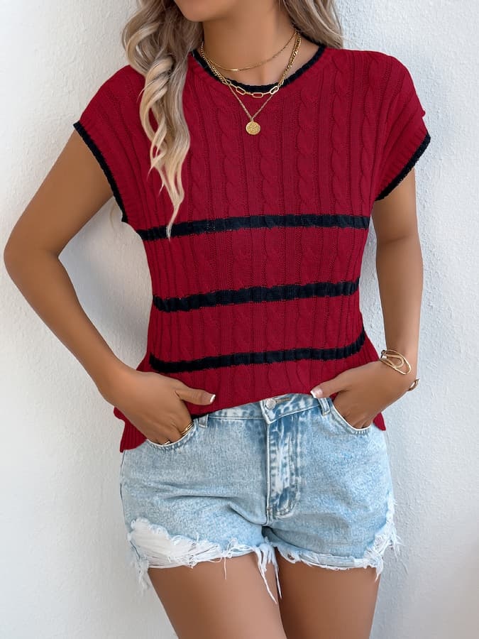 Striped Knit Sleeveless Top & Denim Shorts Spring–Summer Set