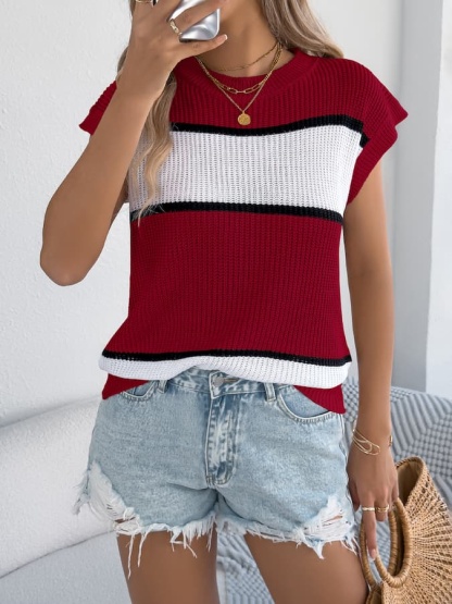 Color Block Knit Sleeveless Top & Denim Shorts Spring–Summer Set