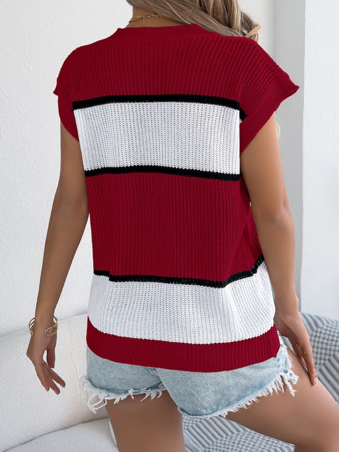 Color Block Knit Sleeveless Top & Denim Shorts Spring–Summer Set