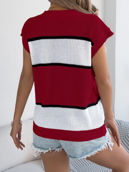 Color Block Knit Sleeveless Top & Denim Shorts Spring–Summer Set