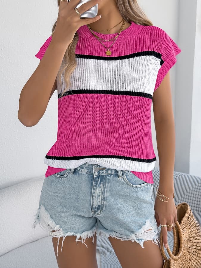 Color Block Knit Sleeveless Top & Denim Shorts Spring–Summer Set