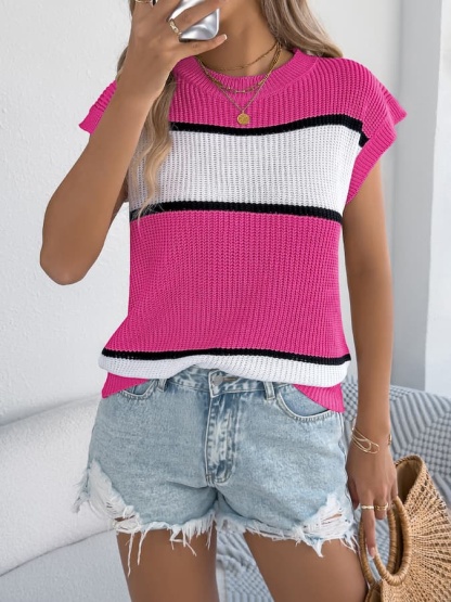 Color Block Knit Sleeveless Top & Denim Shorts Spring–Summer Set
