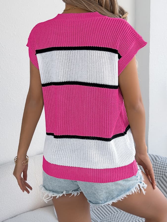 Color Block Knit Sleeveless Top & Denim Shorts Spring–Summer Set