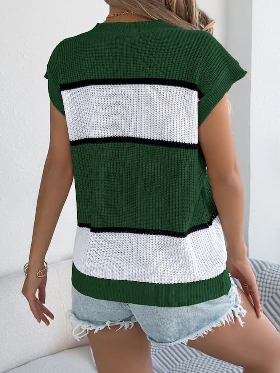 Color Block Knit Sleeveless Top & Denim Shorts Spring–Summer Set