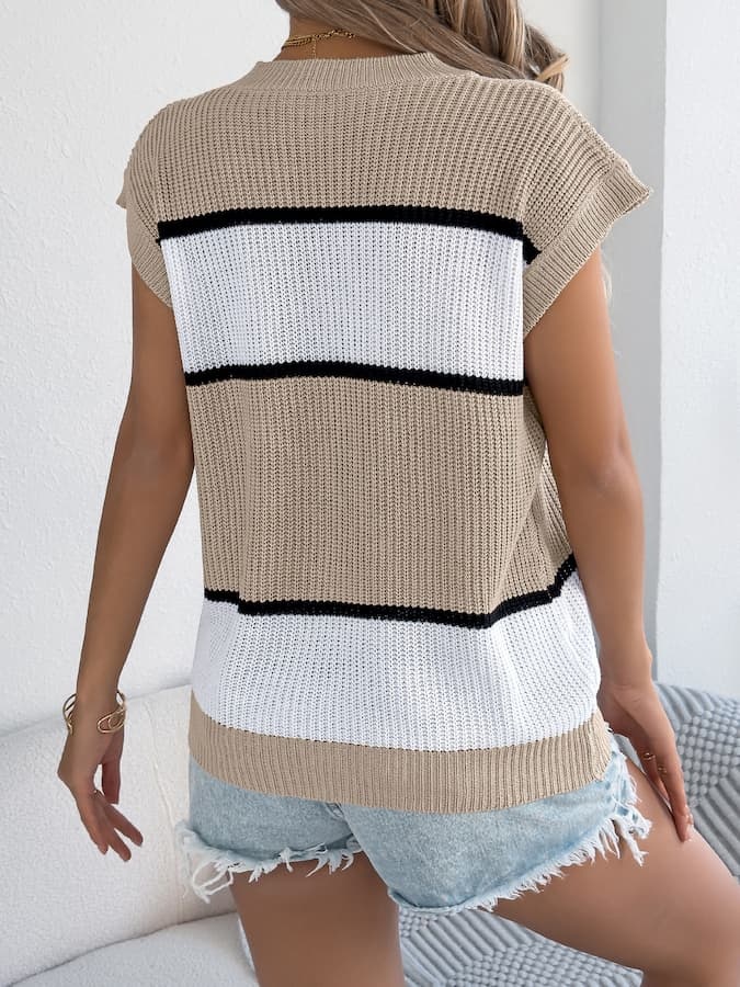 Color Block Knit Sleeveless Top & Denim Shorts Spring–Summer Set