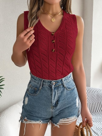 Buttoned Knit Sleeveless Top & Denim Shorts Spring–Summer Set