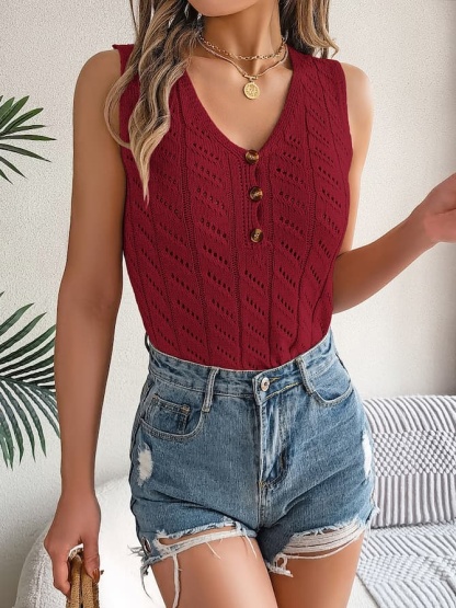Buttoned Knit Sleeveless Top & Denim Shorts Spring–Summer Set