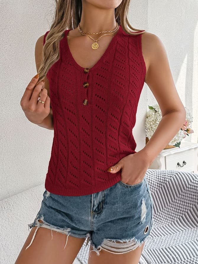Buttoned Knit Sleeveless Top & Denim Shorts Spring–Summer Set