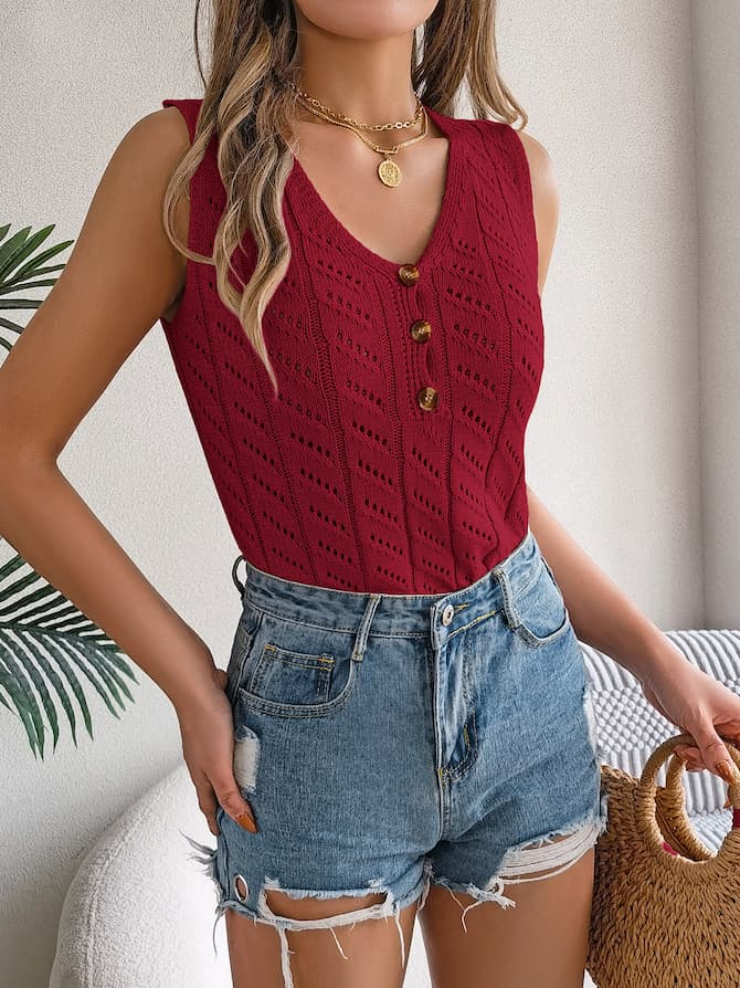 Buttoned Knit Sleeveless Top & Denim Shorts Spring–Summer Set