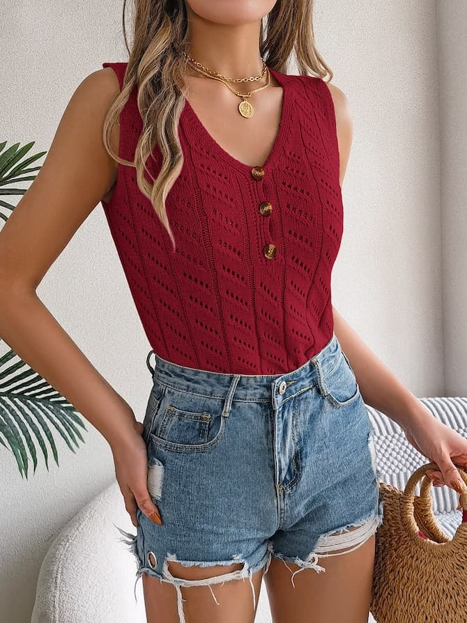 Buttoned Knit Sleeveless Top & Denim Shorts Spring–Summer Set