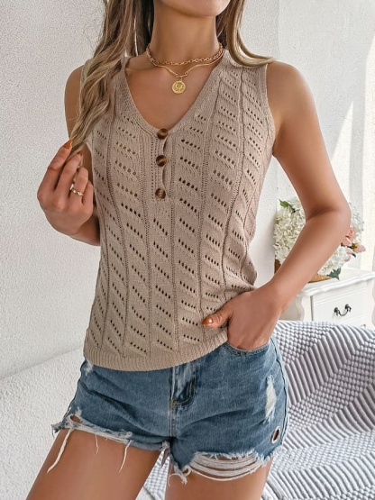 Buttoned Knit Sleeveless Top & Denim Shorts Spring–Summer Set