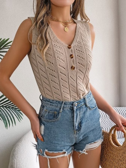 Buttoned Knit Sleeveless Top & Denim Shorts Spring–Summer Set
