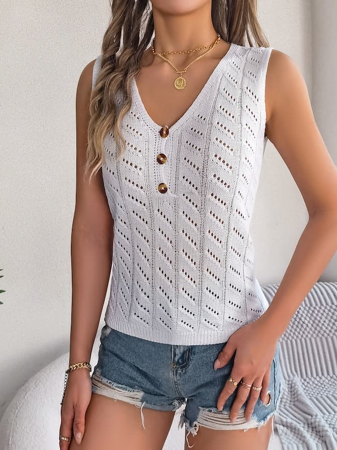 Buttoned Knit Sleeveless Top & Denim Shorts Spring–Summer Set