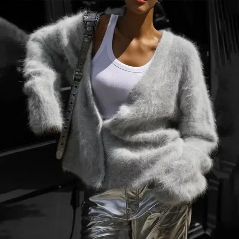 Τριβέλλι Πλεκτό Ανάκευτο Γυναικείο με Στερεό Χρώμα, Μακριά Μανίκια, Καθημερινό V-Λαιμό, Υπερμέγεθος Σουέτερ, Μοντέρνα Πλεκτή Μπουφάν Γυναικεία για Φθινόπωρο