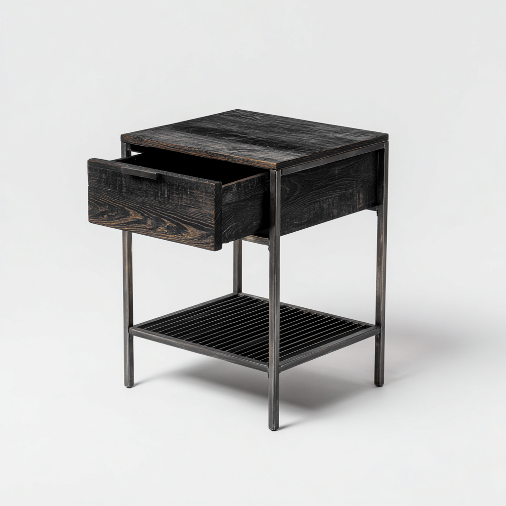 Table de chevet bois et métal 45x35x55 cm noir adaptée à la chambre style industriel-Designena