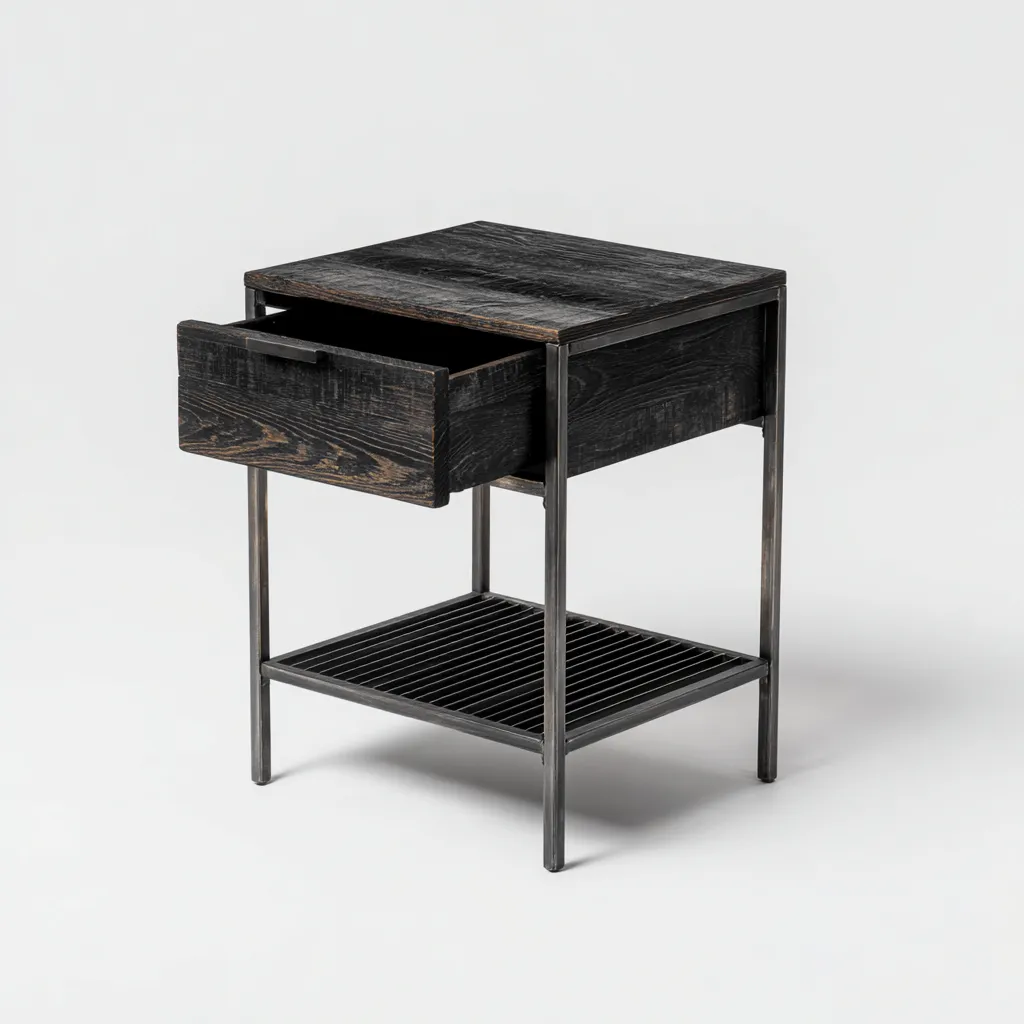 Table de chevet bois et métal 45x35x55 cm noir adaptée à la chambre style industriel-Designena